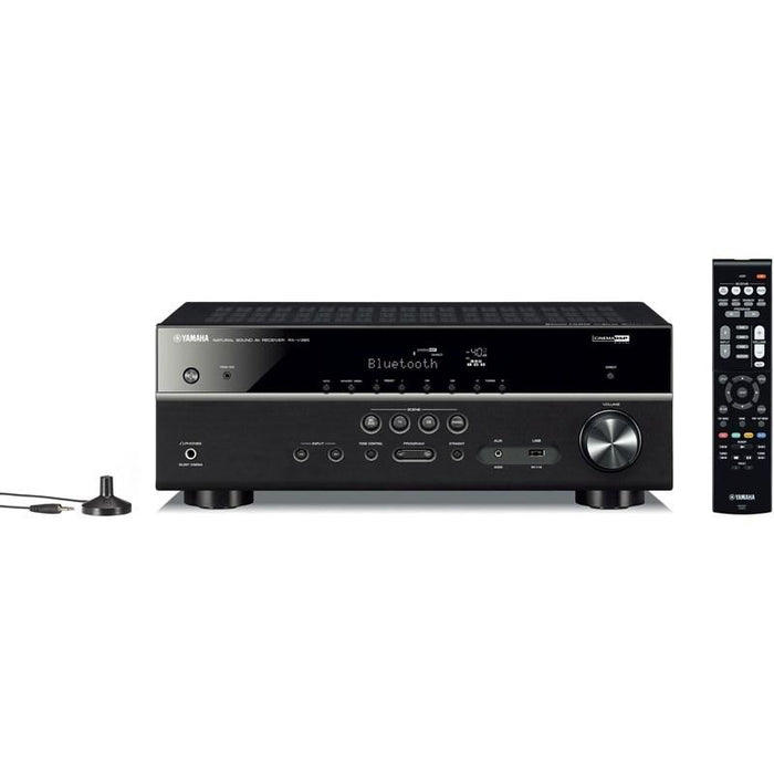 Yamaha RX-V385/5.1 ch AV receiver/black/front view with remote control and plug/SONXPLUS BAX audio video